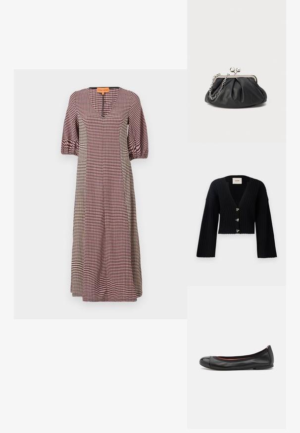 AERON MORROW - Gilet - black; Robe à carreaux en rose, blanc et noir. Elle présente un décolleté en V, des manches bouffantes et une silhouette droite. Tissu doux avec une texture lisse.; Ballerines en cuir noir avec un bout arrondi et un détail en cap brillance. Présentent une texture lisse et des coutures subtiles le long du bord supérieur.; Porte-monnaie en cuir noir avec texture froncée, cadre en métal argenté, fermeture à verrouillage kiss-lock et bandoulière en chaîne. Surface lisse et douce.
