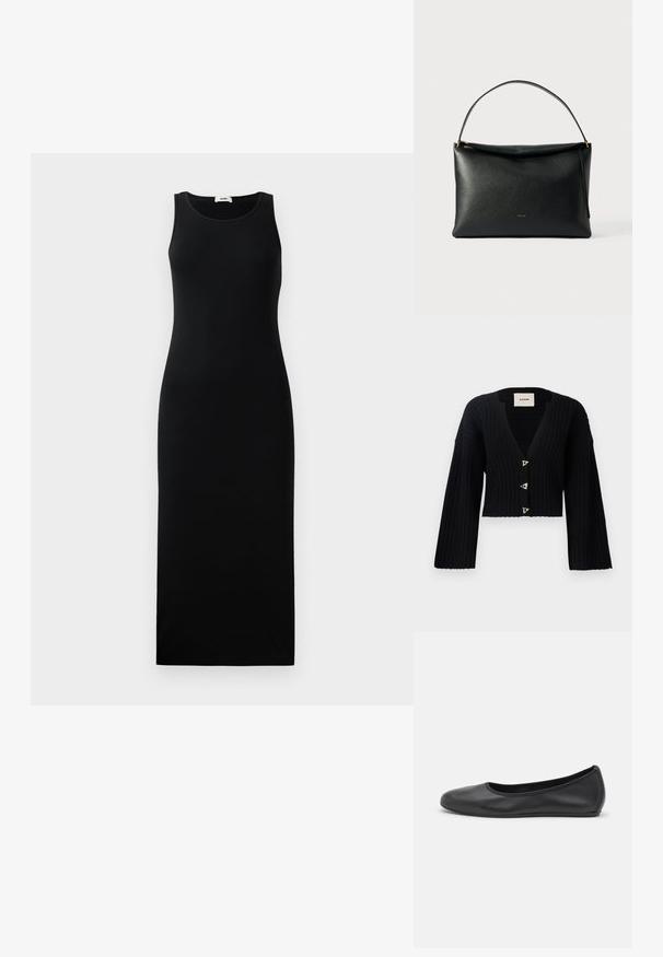 AERON MORROW - Gilet - black; Robe maxi noire sans manches avec encolure ronde et silhouette ajustée, présentée sur un fond clair uni.; Ballerines en cuir noir avec un bout rond, texture lisse, détails de couture minimalistes et design de semelle flexible.; Sac à main en cuir noir à texture lisse, avec une poignée courbée et un détail de fermeture éclair doré. Design minimaliste avec un logo discret.