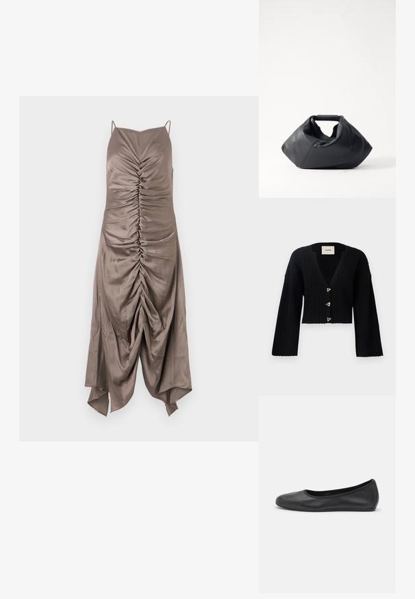 AERON MORROW - Cardigan - black; Brun satin kjole med spaghetti stropper, prydet med samlet detaljer foran og en høj-lav kant, glat tekstur og en tætsiddende form.; Sort læderballetsko med rund tå, glat tekstur, minimal syning og et fleksibelt såldesign.; Sort lædertaske med en struktureret overflade, unik krøllet form og et kort håndtag. Har et enkelt hovedrum.