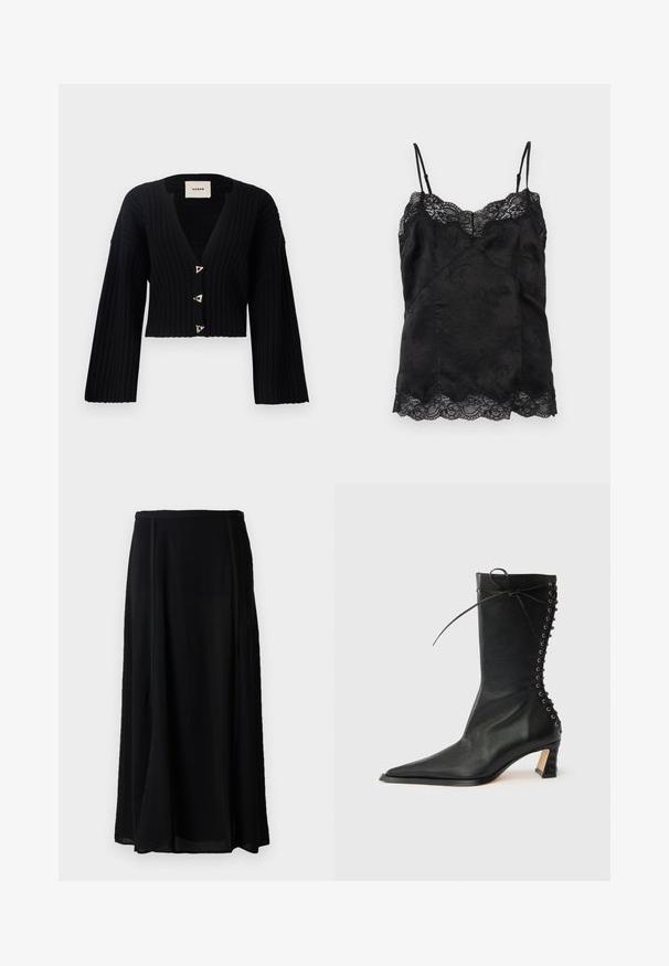 AERON MORROW - Vest - black; Zwarte satijnen cami met dunne verstelbare bandjes, bloemenjacquardpatroon en kanten rand langs de halslijn en zoom.; Zwarte maxi rok van lichtgewicht materiaal, met een vloeiende uitstraling, in een effen zwarte kleur, en subtiele zijnaaddetails.; Zwarte leren enkellaars met spitse neus, slanke hak, vetersluiting aan de achterkant en metalen oogjes. Glad oppervlak met een strak ontwerp.