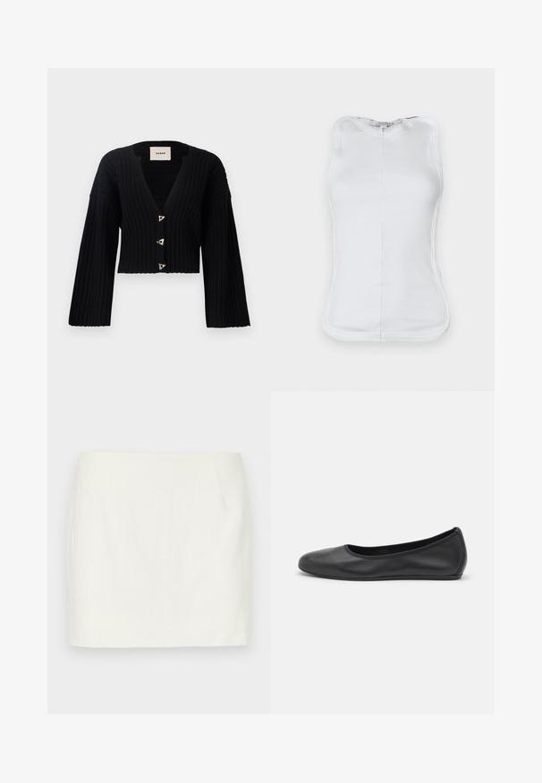 AERON MORROW - Vest - black; Witte mouwloze top van rib katoen, met een aansluitend ontwerp, afgeronde halslijn en zichtbare stiksels langs de zijkanten.; Witte linnen mini-jurk met een rechte snit, voorzien van zijzakken en een gladde textuur. Geen zichtbare patronen of accenten.; Zwarte leren ballerina met een ronde neus, gladde textuur, minimale stikdetails en een flexibele zoolontwerp.