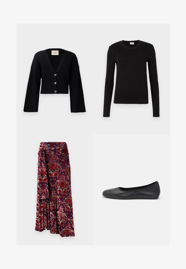 AERON MORROW - Gilet - black; T-shirt noir à manches longues en tissu doux et lisse. Présente un col rond et une coupe ajustée, sans motifs ni accents visibles.; Rabanne Jupe longue - tapestry/navy/burgundy/red/cream; Ballerines en cuir noir avec un bout rond, texture lisse, détails de couture minimalistes et design de semelle flexible.