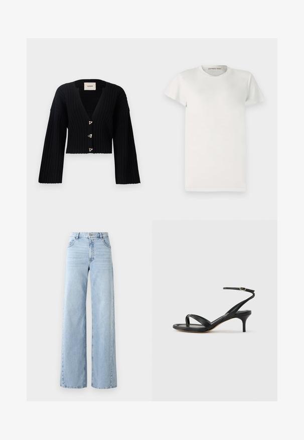 AERON MORROW - Strickjacke - black; Weißes T-Shirt mit kurzen Ärmeln aus Baumwolle, runder Ausschnitt und einfacher Schnittführung. Die Etiketten zeigen "DESIGNERS REMIX" auf der Innenseite des Kragens.; Weite helle blaue Jeans mit hoher Taille, fünf Taschen und ausgewaschenem Look. Verfügt über gesteppte Details und einen geraden Schnitt am Saum.; Schwarze Ledersandale für Damen mit dünnen Riemchen, einer Zehenlasche, einer Knöchelschnalle und einem mittelhohen Stöckelabsatz vor neutralem Hintergrund.