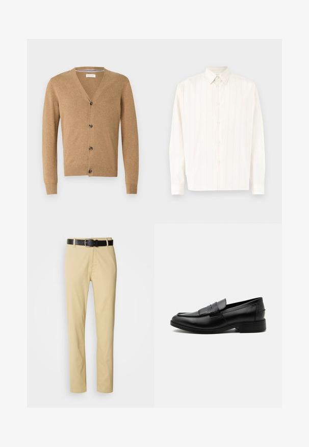 Brun cardigan lavet af et blødt materiale, med V-hals, knaplukning, lange ærmer og ribbede manchetter og kant.; Hvid langærmet skjorte med knapper og diskrete lodrette striber samt en spids krave, lagt fladt mod en lys baggrund.; Beige bomuldsbukser med lige ben-design, sikret med et sort læderbælte med en sølvspænde.; Sort læder herre loafers med kvast detalje, rundet tå, lav hæl og glat poleret finish, vist fra siden på hvid baggrund.