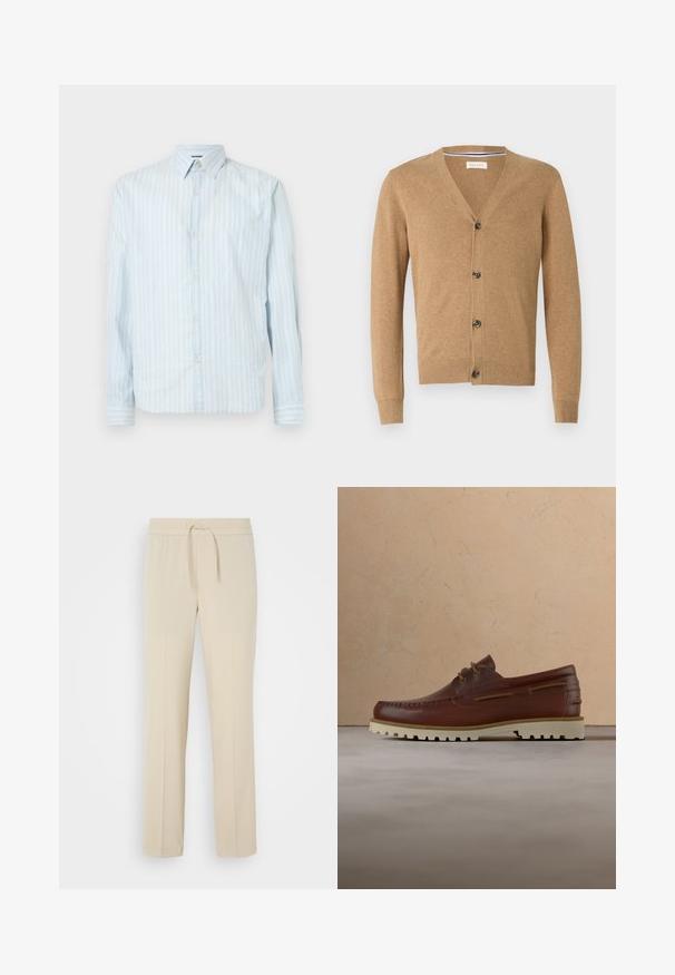 Tan vest gemaakt van een zachte stof, met een V-hals, knoopsluiting, lange mouwen en geribbelde manchetten en zoom.; Lichtblauwe overhemdd met witte verticale strepen, klassieke kraag, lange mouwen en twee knoopaccenten op de mouwen.; Beige, elastische broek met een trekkoord in de taille. Heeft rechte pijpen en een zachte textuur, geschikt voor casual wear of loungen.; Bruine leren casual veter schoen met crèmekleurige rubberen zool hangt boven een beige tapijt in de buurt van een houten salontafel met boeken.