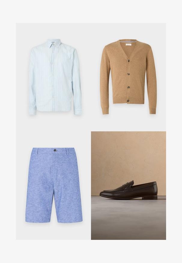 Beige Cardigan aus weichem Material, mit V-Ausschnitt, Knopfschluss, langen Ärmeln und gerippten Bündchen und Saum.; Hellblaues Button-up-Hemd mit weißen vertikalen Streifen, klassischem Kragen, langen Ärmeln und zwei Knopfakzenten an den Ärmeln.; Helle blaue Shorts aus strukturiertem Stoff, mit einer vorderen Knopfverschluss und Seitentaschen, gerader Schnitt und knielanges Design.; Dunkelbrauner Lederloafer schwebt über einem beigen Teppich mit einem gebogenen, beigen Sofa im Hintergrund.