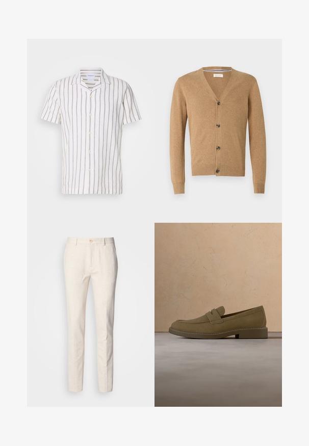 Cárdigan marrón claro hecho de un material suave, con escote en V, cierre de botones, mangas largas y puños y dobladillo acanalados.; Camisa de lino de manga corta con rayas verticales en gris claro sobre un fondo blanco, con un cuello clásico y cierre frontal de botones.; Pantalones ajustados de color beige claro, confeccionados en una tela suave. Cuentan con cierre de botón, pasadores para cinturón y un diseño de pierna recta y estrecha con textura mínima.; Zapato mocasín de ante marrón flotando sobre una alfombra beige texturizada en una sala de estar con una mesa de café de madera y libros apilados.