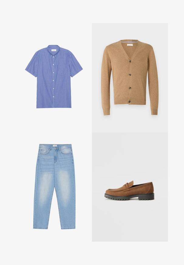 Cardigan beige en matériau doux, avec un col en V, une fermeture à bouton, des manches longues et des poignets et un ourlet côtelés.; Chemise à manches courtes avec boutons, bleu et blanc à rayures verticales. Dotée d'un col pointu et d'une poche poitrine. Confectionnée en tissu léger.; Jean en denim bleu clair avec une coupe décontractée, dotés de cinq poches, d'un léger délavage et de coutures le long des coutures.; Mocassins en daim marron avec un bout arrondi et une semelle noire en caoutchouc basse, présentant une sangle décorative et des détails de couture sur le dessus.