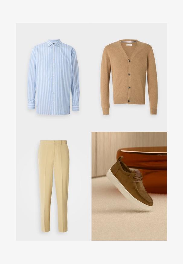 Brun cardigan lavet af et blødt materiale, med V-hals, knaplukning, lange ærmer og ribbede manchetter og kant.; Lys blå langærmet skjorte med vertikale hvide og lyseblå striber, knaplukning, krave og et lille broderet logo på brystet.; Beige skræddersyede bukser med lige pasform, flad front og sidelommer. Fremstillet af et glat stof med en let glans.; Brun ruskind afslappet sko med hvid sål og snørebånd, mærket tunge, vist over et beige tæppe og brunt rundt møbel.
