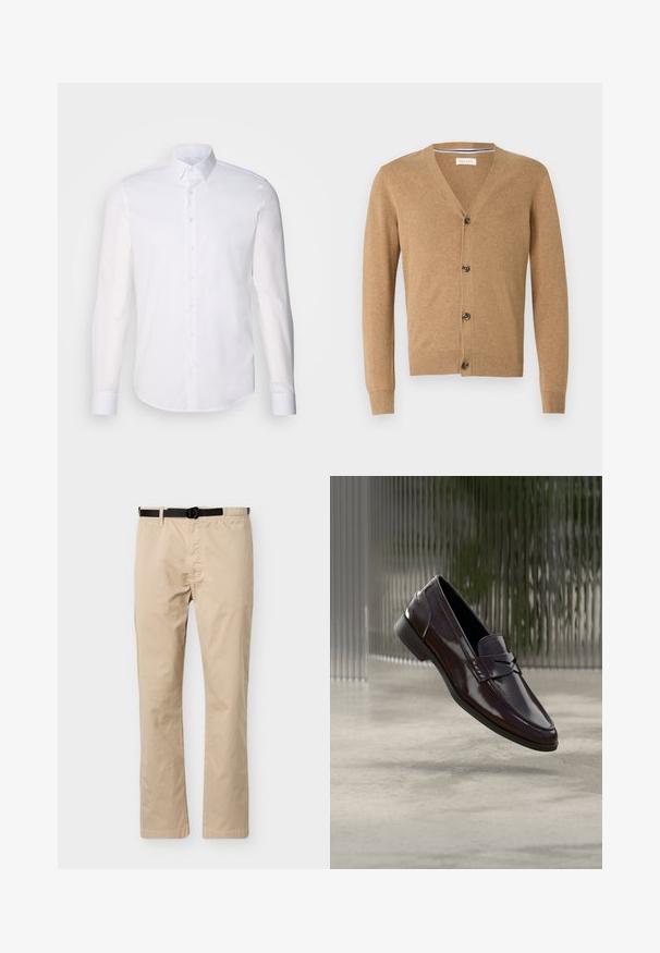 Brun cardigan lavet af et blødt materiale, med V-hals, knaplukning, lange ærmer og ribbede manchetter og kant.; Hvid langærmet button-up skjorte lavet af bomuld, med en klassisk krave, frontknapper og minimal syning detalje.; Beige bukser med lige ben, sort justerbart bælte, elastik i taljen på den ene side og detaljer med søm foran.; Brune lædermokkasiner med en blank finish, der har en hævet søm og en lille udskæringsdetalje foran samt en lav sort sål.