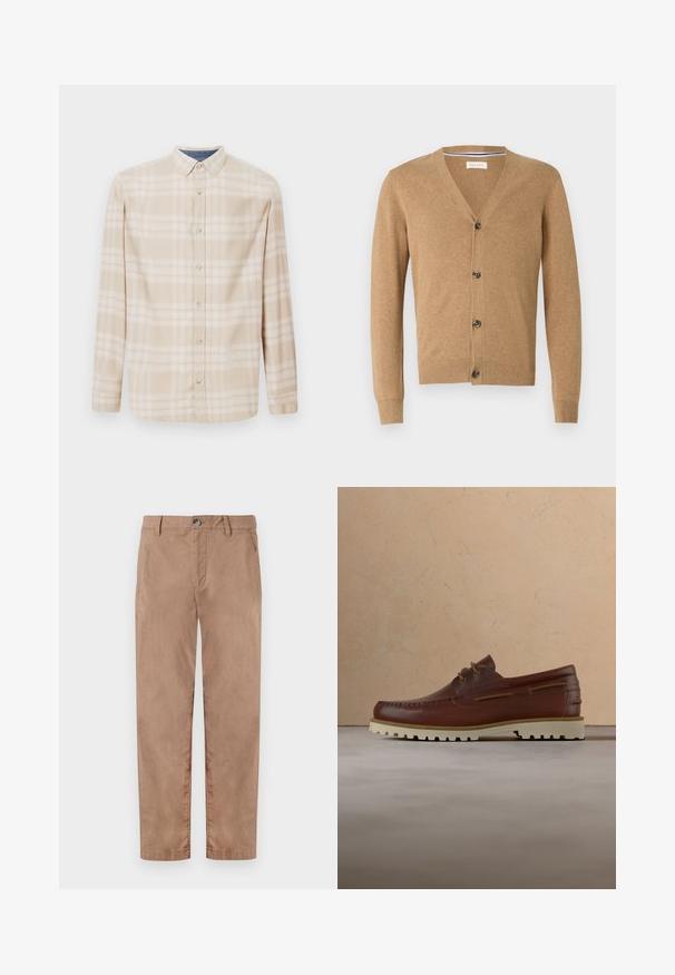 Beige Cardigan aus weichem Material, mit V-Ausschnitt, Knopfschluss, langen Ärmeln und gerippten Bündchen und Saum.; Beige Karo-Hemd mit langen Ärmeln, einer Button-Down-Kragen, Vorderknöpfen und subtilen blauen Akzenten am Halsauschnitt. Hergestellt aus weichem Stoff.; TOM TAILOR REGULAR WASHED - Chino - caribou beige; Brauner Leder-Schnürschuh im Casual-Stil mit cremefarbener Gummisohle, schwebend über einem beigen Teppich in der Nähe eines Holzcouchtischs mit Büchern.