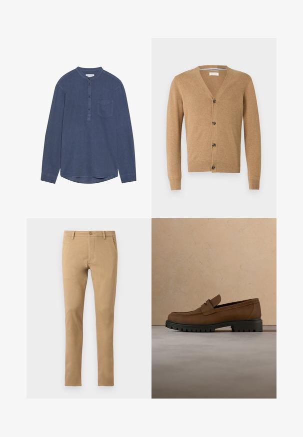 Brun cardigan lavet af et blødt materiale, med V-hals, knaplukning, lange ærmer og ribbede manchetter og kant.; Langærmet, mørkeblå skjorte lavet af blødt stof, med et mandarin-krave, knaplukning og en enkelt brystlomme.; Slim-fit beige chinos med knaplukning, forlommer og en glat tekstur. Enkelt design, tætsiddende ben og ren søm.; Mørkebrune læderloafer med tyk sort gummisål vist over en beige tæppe- og sofa baggrund.