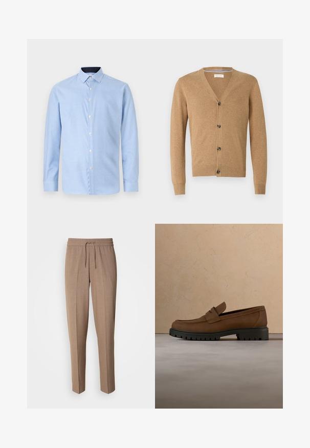Beige Cardigan aus weichem Material, mit V-Ausschnitt, Knopfschluss, langen Ärmeln und gerippten Bündchen und Saum.; Langärmliges Hemd in Hellblau mit kleinem Karomuster, weißen Knöpfen und einem kontrastierenden dunkelblauen Kragen. Weicher Stoff.; Braune, gewebte Stoffhose mit lockerer Passform, Kordelzugbund und vorderen Falten. Gerade Beine und keine sichtbaren Taschen oder Befestigungen.; Dunkelbrauner Lederloafer mit dicker schwarzer Gummisohle, dargestellt über beigem Teppich und Sofa-Hintergrund.