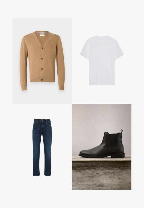 Cárdigan marrón claro hecho de un material suave, con escote en V, cierre de botones, mangas largas y puños y dobladillo acanalados.; Camiseta de algodón blanca con mangas cortas, cuello redondo y una textura suave. Presenta una marca mínima en el escote.; WE Fashion BLUE RIDGE - Vaqueros rectos - dark blue; Botín negro de cuero con textura suave, puntera redonda, paneles laterales elásticos y un tirador, ubicado sobre una superficie de madera.