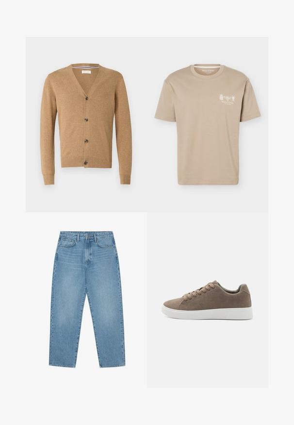 Brun cardigan lavet af et blødt materiale, med V-hals, knaplukning, lange ærmer og ribbede manchetter og kant.; Beige kortærmet T-shirt med rund halsudskæring med små insektgrafikker og "Marc O'Polo" logo på venstre bryst.; Lyseblå denimjeans med lige ben, fem-lomme design og en let falmet struktur. Indeholder knap- og lynlåslukning.; Brune ruskinds sneakers med flade hvide gummisåler, snørelukning, rund tå og en glat overflade. Minimalistisk stil med diskrete syninger.