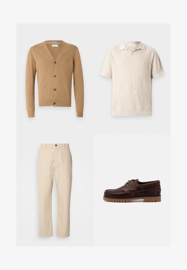 Beige Cardigan aus weichem Material, mit V-Ausschnitt, Knopfschluss, langen Ärmeln und gerippten Bündchen und Saum.; Beiges Strick-Poloshirt mit kurzen Ärmeln, strukturiertem vertikalem Rippenmuster und kleinem Kragen.; Beige Baumwollhosen mit geraden Beinen, einem Knopfverschluss vorne, Seitentaschen und einer glatten Textur. Minimalistisches Design, ohne sichtbare Muster.; Braune Lederschiffsschuh mit gestickten Details, Schnürdesign und robustem Gummisohle mit strukturierten Stollen für besseren Halt.