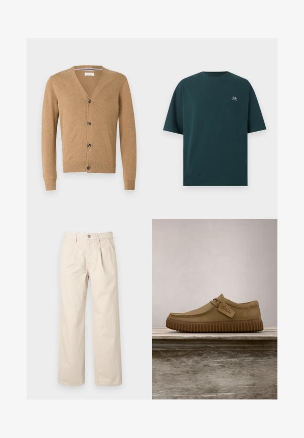 Brun cardigan lavet af et blødt materiale, med V-hals, knaplukning, lange ærmer og ribbede manchetter og kant.; Mørkegrøn t-shirt med korte ærmer, rund hals og lille hvid cykel-ikon på venstre bryst.; Beige brede bukser med høj talje, der har folder foran, en knappelukning foran og et glat bomuldsstof.; Lysebrune ruskindsko med rund tå, syet detaljer og en ribbet brun gummisål. Har et sidemærke med "Clarks" logo.