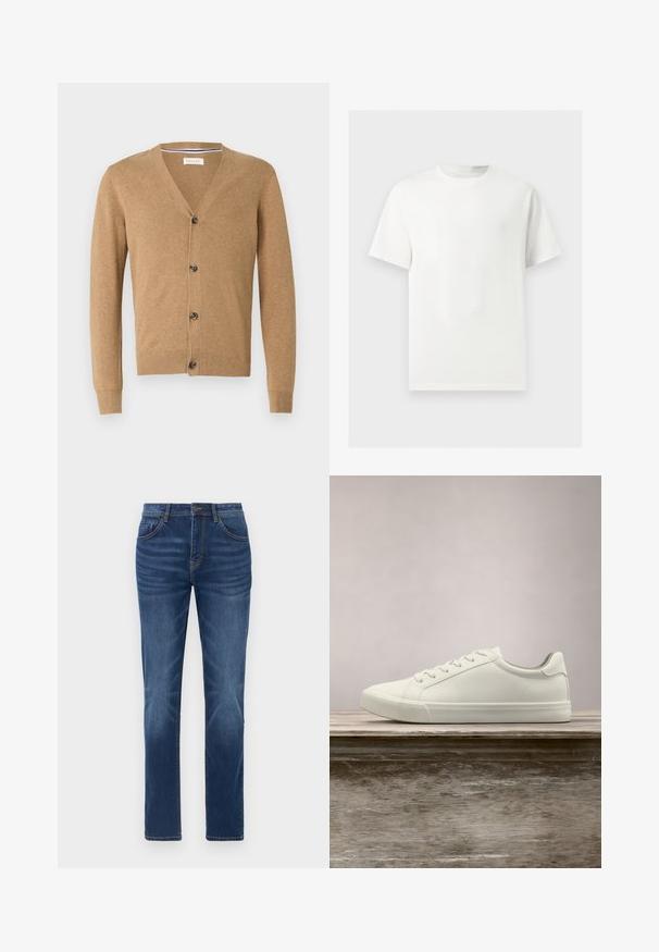 Brun cardigan lavet af et blødt materiale, med V-hals, knaplukning, lange ærmer og ribbede manchetter og kant.; Enkelt hvid T-shirt med korte ærmer og rund hals vist på en lysegrå baggrund.; Mørkeblå denimjeans med en klassisk lige pasform, fem-lomme design og let falmede detaljer på benene. Har knap- og lynlåslukning.; Hvide snørresneakers svævende over en træbænk med grønne planter i baggrunden, der fremhæver skodesign og tekstur.