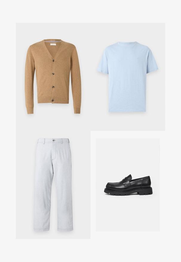 Brun cardigan lavet af et blødt materiale, med V-hals, knaplukning, lange ærmer og ribbede manchetter og kant.; Lyseblå T-shirt med korte ærmer og rund hals med en lille broderet logo på venstre bryst, vist på en ensfarvet baggrund.; Lys grå, lige ben bukser lavet af tekstureret stof. Har en frontlukkefunktion med knap og bæltestropper. Ingen synlige mønstre eller accenter.; Sort læderloafer med tyk rillede sål og penny-remdetalje, vist i højre sideprofil på hvid baggrund.
