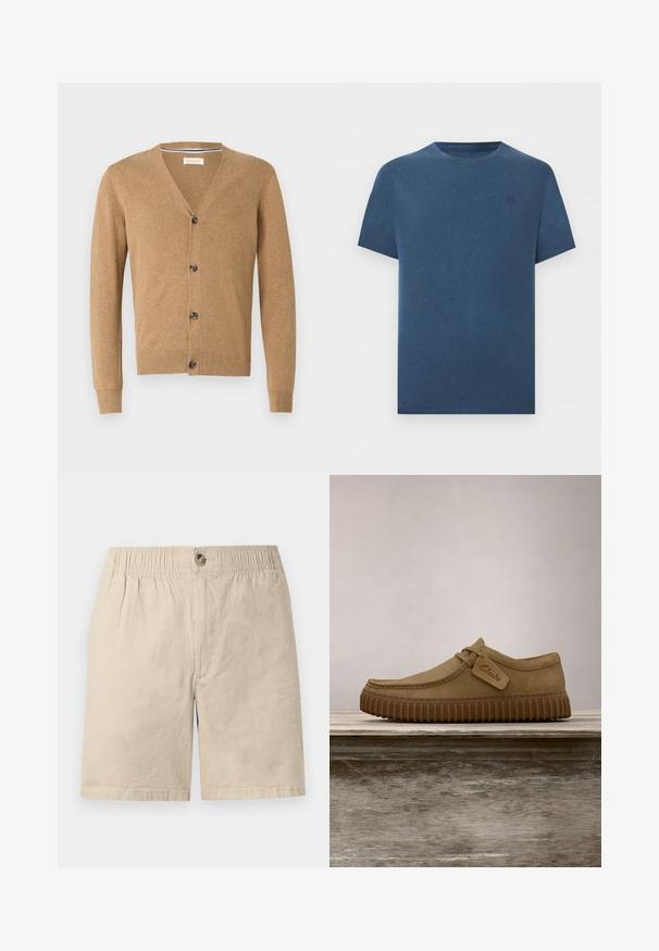 Brun cardigan lavet af et blødt materiale, med V-hals, knaplukning, lange ærmer og ribbede manchetter og kant.; Marineblå t-shirt med kortærmer og rund halsudskæring med diskret logo på venstre bryst, ensfarvet design, vist på hvid baggrund.; Beige bomuldsshorts med elastisk talje, knaplukning og forreste syningsdetalje mod hvid baggrund.; Lysebrune ruskindsko med rund tå, syet detaljer og en ribbet brun gummisål. Har et sidemærke med "Clarks" logo.