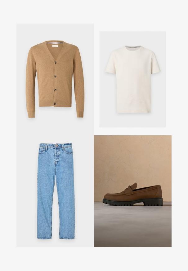 Tan vest gemaakt van een zachte stof, met een V-hals, knoopsluiting, lange mouwen en geribbelde manchetten en zoom.; T-shirt van getextureerde off-white katoen met korte mouwen, ronde hals en subtiel logo op de linkerborst, weergegeven op een grijze achtergrond.; Lichtblauwe denim jeans met een recht model, vijf zakken, zichtbare stiksels en een knoop- en ritssluiting.; Donkerbruine leren loafer met dikke zwarte rubberen zool, getoond boven een beige tapijt en bankachtergrond.