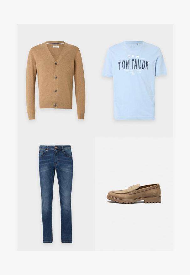 Brun cardigan lavet af et blødt materiale, med V-hals, knaplukning, lange ærmer og ribbede manchetter og kant.; Lyseblå bomulds t-shirt med rund halsudskæring og korte ærmer. Den har kraftig sort trykt tekst: "TOM TAILOR" samt yderligere brandingdetaljer.; Mørkeblå denim jeans med lige ben, fem lommer, subtile blegetoner, kontrastsyet og knaplukning i taljen.; Tan mockasiner i ruskind med rund tå, flad gummisål og dekorative syninger på overdelen. Har et slip-on design uden snørebånd.