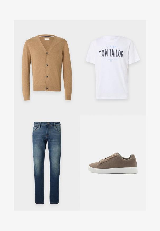 Brun cardigan lavet af et blødt materiale, med V-hals, knaplukning, lange ærmer og ribbede manchetter og kant.; Hvid bomulds t-shirt med rund halsudskæring og korte ærmer. Har blå og sort trykt tekst: "TOM TAILOR," "STREETS OF HAVANA," og tal.; Blå denimjeans med lige ben, slidt fordybning, kontraststing, fem lommer og en knaplukning.; Brune ruskinds sneakers med flade hvide gummisåler, snørelukning, rund tå og en glat overflade. Minimalistisk stil med diskrete syninger.