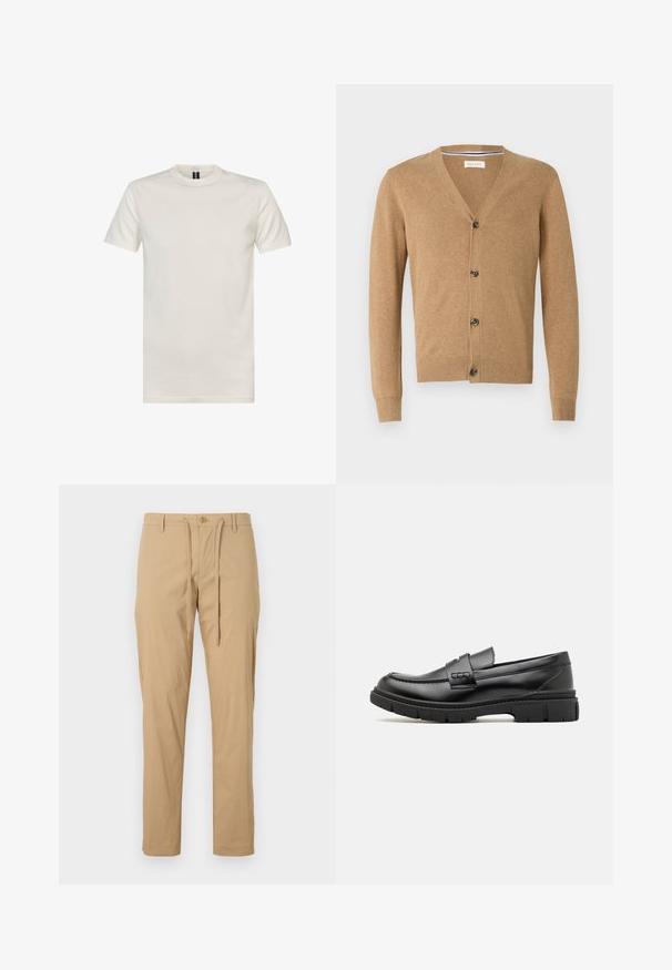 Brun cardigan lavet af et blødt materiale, med V-hals, knaplukning, lange ærmer og ribbede manchetter og kant.; Crewneck kortærmet t-shirt i off-white bomuld. Har en glat tekstur, standard pasform og minimalistisk design uden mønstre.; Lyse beige bomuldsbukser med snøre i taljen, tætsiddende pasform, standardlommer og knaplukning foran. Glat tekstur.; Sort læder loafersko med en bred rem over forfoden, gummisål med tykke mønstre og glat overflade. Klassisk, slankt design.