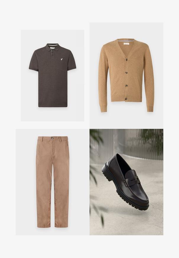 Cardigan beige en matériau doux, avec un col en V, une fermeture à bouton, des manches longues et des poignets et un ourlet côtelés.; Polo à manches courtes marron foncé avec trois boutons et petit logo d’oiseau blanc sur la poitrine gauche.; TOM TAILOR REGULAR WASHED - Chino - caribou beige; Mocassins en cuir marron avec une semelle en caoutchouc texturée et striée. Présente un design épuré et une sangle décorative sur le cou-de-pied.