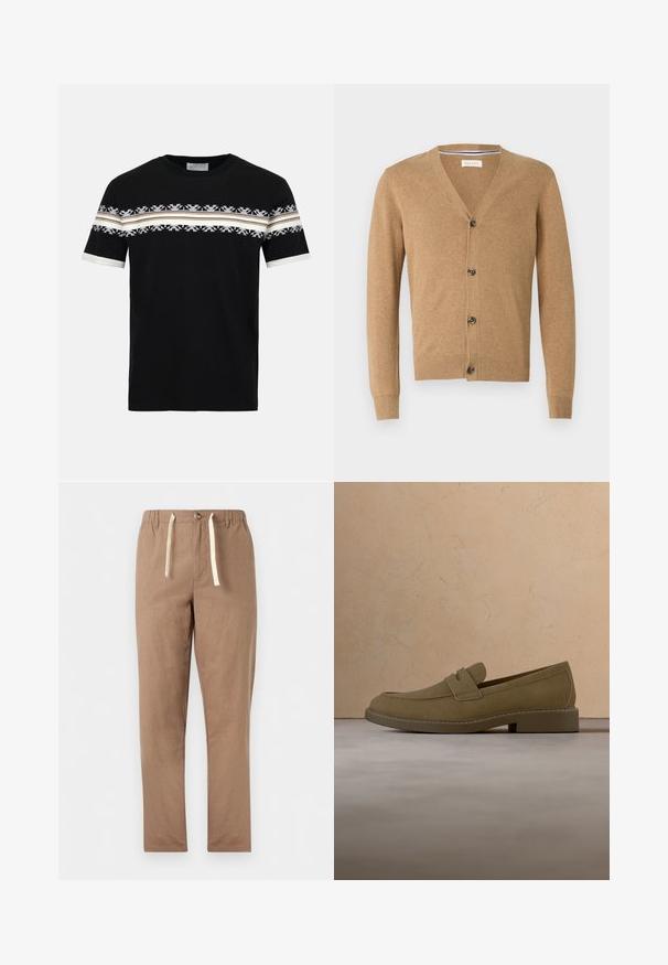 Cardigan beige en matériau doux, avec un col en V, une fermeture à bouton, des manches longues et des poignets et un ourlet côtelés.; T-shirt noir à manches courtes avec des rayures horizontales blanches et beiges et des motifs géométriques sur la poitrine et les manches, col rond.; Pantalon marron clair à coupe droite avec taille élastique, fermeture par bouton et cordons blancs.; Mocassin en daim marron flottant au-dessus d'un tapis beige texturé dans un salon avec une table basse en bois et des livres empilés.