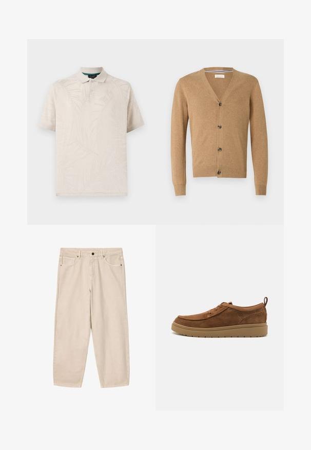 Tan vest gemaakt van een zachte stof, met een V-hals, knoopsluiting, lange mouwen en geribbelde manchetten en zoom.; Beige poloshirt van gestructureerde stof met een subtiele palmbladpatroon. Het heeft een klassieke kraag en twee knopen bij de hals.; Beige wijde jeans met vijf zakken, riemlussen en een knoop- en ritssluiting in de taille.; Bruine suède sneakers met een ronde neus, minimale vetersluiting, een gepolsterde kraag en een rubberen zool. Voorzien van een lus bij de hiel voor eenvoudig aan- en uittrekken.