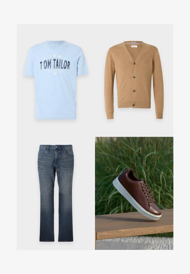 Beige Cardigan aus weichem Material, mit V-Ausschnitt, Knopfschluss, langen Ärmeln und gerippten Bündchen und Saum.; Hellblaues Baumwoll-T-Shirt mit rundem Ausschnitt und kurzen Ärmeln. Es hat fettgedruckten, schwarzen Text: "TOM TAILOR" und weitere Branding-Details.; TOM TAILOR MARVIN - Jeans Straight Leg - dark stone wash denim; Braune Leder-Sneaker mit weißer Gummisohle, Schnürdesign, glatte Textur, runde Zehenform und dezente Nähdetails.