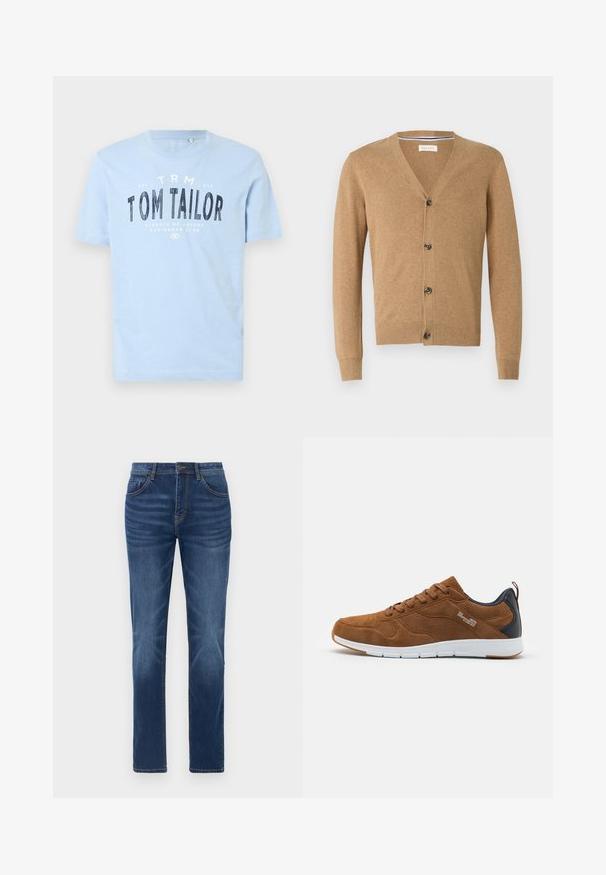 Brun cardigan lavet af et blødt materiale, med V-hals, knaplukning, lange ærmer og ribbede manchetter og kant.; Lyseblå bomulds t-shirt med rund halsudskæring og korte ærmer. Den har kraftig sort trykt tekst: "TOM TAILOR" samt yderligere brandingdetaljer.; Mørkeblå denimjeans med en klassisk lige pasform, fem-lomme design og let falmede detaljer på benene. Har knap- og lynlåslukning.; Brune ruskind sneakers med hvid sål. Har perforeret detaljer, snørebånd foran og marineblå læderdetalje ved hælen.