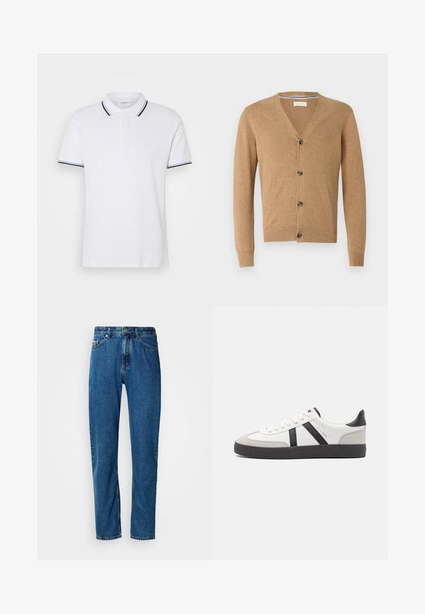 Brun cardigan lavet af et blødt materiale, med V-hals, knaplukning, lange ærmer og ribbede manchetter og kant.; Hvid polo shirt lavet af bomuld med krave, tre-knaps lukning og marineblå og hvide striber på ærmerne.; Blå lige ben denim jeans med fem lommer og frontlukning med knap på en hvid baggrund.; Hvide sneakers med sorte og grå detaljer, med en tekstureret grå tåhætte, sort gummisål og flade hvide snørebånd. Rent design, minimalistisk stil.
