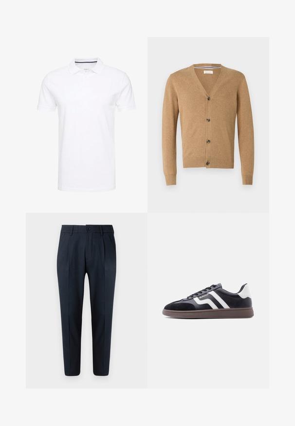 Cardigan beige en matériau doux, avec un col en V, une fermeture à bouton, des manches longues et des poignets et un ourlet côtelés.; Polo shirt blanc en coton, avec un col traditionnel, des manches courtes et une patte de boutonnage à trois boutons, avec des accents navy discrets à l'intérieur.; Pantalon bleu marine à coupe droite, avec fermeture à bouton, plis à l'avant et taille élastique pour plus de confort. Texture lisse.; Baskets noires en suède et matériau synthétique, avec des bandes diagonales blanches et une semelle brun texturée. Elles présentent un design à lacets et un col rembourré.