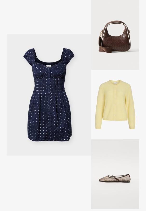 Cardigan tricoté jaune clair à manches longues, col rond et une rangée de petits boutons sur le devant.; Robe courte bleu marine à pois blancs, avec boutons sur le devant, taille froncée et petites manches volantées.; Ballet flats en maille transparente avec un motif léopard, des bordures marron, une sangle sur le dessus et un design à bout pointu. Semelle plate.; Sac à main en cuir tressé marron avec passepoil blanc, fermeture éclair dorée et bandoulière amovible en tissu marron.