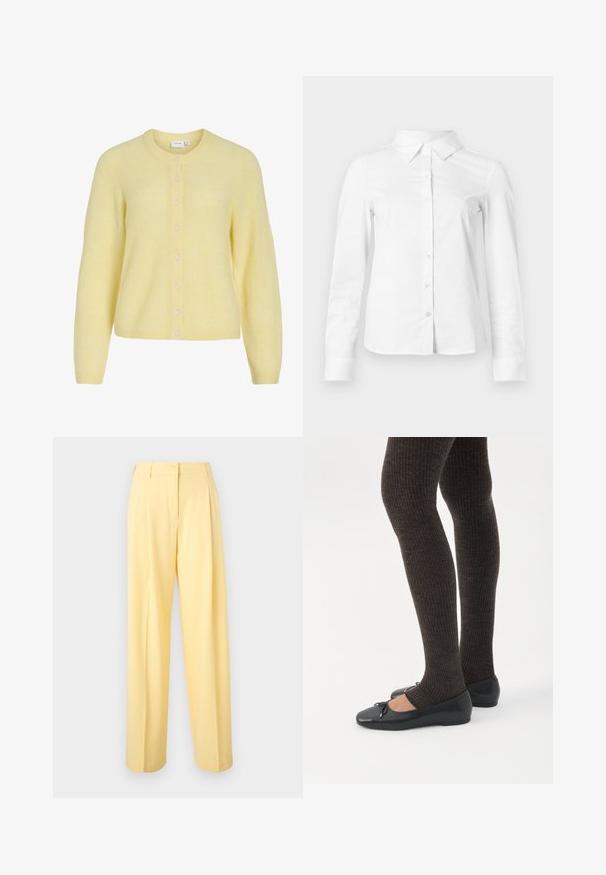 Cardigan tricoté jaune clair à manches longues, col rond et une rangée de petits boutons sur le devant.; Chemise blanche à manches longues avec boutons, col pointu, ourlet droit et silhouette ajustée, présentée sur un fond clair uni.; Pantalon taille haute jaune clair avec fermeture par bouton et zip, coupe droite jambes larges et devant plat.; Jambes portant des leggings côtelés foncés associés à des ballerines noires avec de petits détails en nœud sur fond blanc.