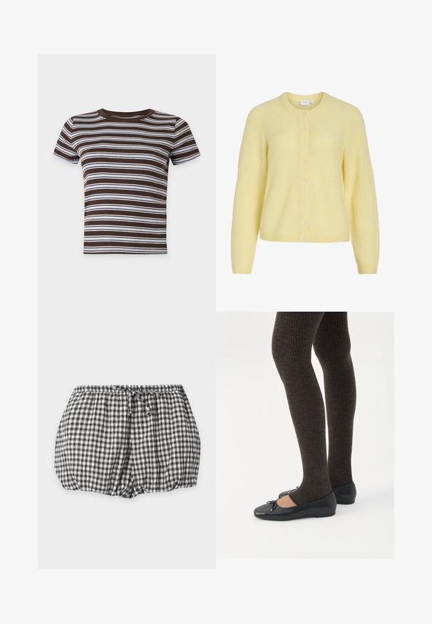 Cardigan tricoté jaune clair à manches longues, col rond et une rangée de petits boutons sur le devant.; T-shirt court à manches courtes rayé horizontalement marron et blanc avec un col rond sur fond uni.; Short noir et blanc à carreaux avec taille élastique et cordon frontal, présenté sur un fond blanc uni.; Jambes portant des leggings côtelés foncés associés à des ballerines noires avec de petits détails en nœud sur fond blanc.