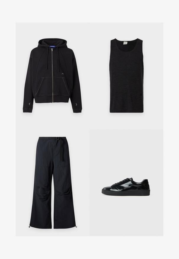 Sudadera con capucha negra con cremallera, bolsillos frontales, capucha con cordón, costuras blancas y pequeño logo blanco cerca del bolsillo y las mangas.; Camiseta sin mangas negra hecha de material texturizado. Presenta un cuello redondo y un sutil logo cerca del dobladillo. Diseño simple.; Pantalones negros de pierna ancha hechos de tela ligera. Cuentan con un cinturón, dos grandes bolsillos laterales y dobladillos ajustables con cierres de cordón.; Zapatillas de charol negro con punta redonda, diseño con cordones, suela de goma texturizada y acabado suave.