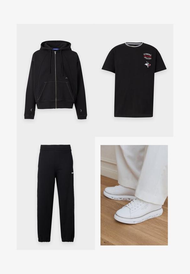Sweat à capuche noir zippé avec poches avant, capuche à cordon, surpiqûres blanches et petit logo blanc près de la poche et des manches.; T-shirt noir à manches courtes avec col rayé, texte blanc et rouge "Iceberg Milano Italia", et illustration d'une moufette dessin animé tenant une pomme rouge.; Pantalon de survêtement noir avec taille et poignets élastiques, arborant un petit logo blanc sur la partie supérieure de la cuisse gauche.; Baskets basses blanches avec semelles découpées uniques portées avec un pantalon clair sur un sol en bois.
