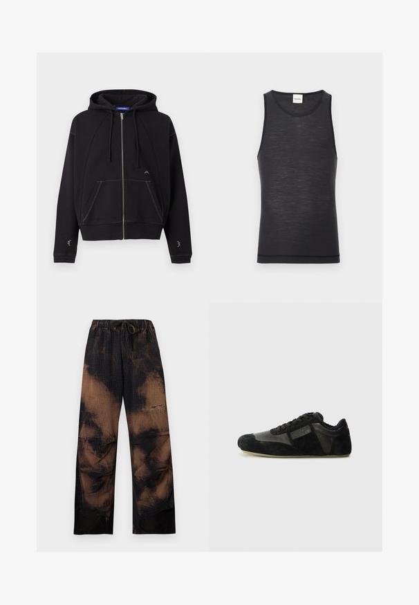 Sweat à capuche noir zippé avec poches avant, capuche à cordon, surpiqûres blanches et petit logo blanc près de la poche et des manches.; Débardeur noir sans manches en matériau léger, avec un col rond et une texture subtile, doté d'un détail d'ourlet contrasté.; Pantalon ample tie-dye noir et marron avec taille élastique et cordon, avec une texture gaufrée et jambes larges et droites.; Baskets noires en suède et cuir. Présentent un profile bas, un bout arrondi, un design à lacets et des accents texturés. Les semelles ont une texture antidérapante.