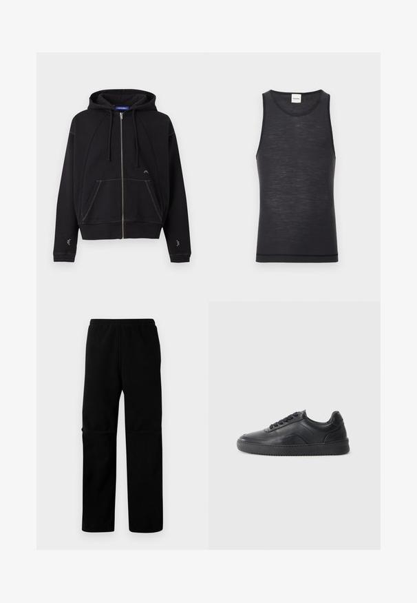 Schwarzer Zip-Hoodie mit Fronttaschen, Kordelzugkapuze, weißen Nähten und kleinem weißen Logo nahe der Tasche und den Ärmeln.; Schwarzes ärmelloses Tanktop aus leichtem Material, mit rundem Halsausschnitt und subtiler Textur, sowie einem kontrastierenden Saumdetails.; Schwarze Fleece-Hosen mit elastischem Bund und geradem Bein. Glatte Textur ohne sichtbare Muster oder Beschläge.; Schwarze Leder-Sneaker mit glatter Oberfläche, abgerundeter Zehenpartie, strukturiertem Seitenpaneel und schwarzen Schnürsenkeln. Verfügt über eine flache Gummisohle und ein minimalistisches Design.