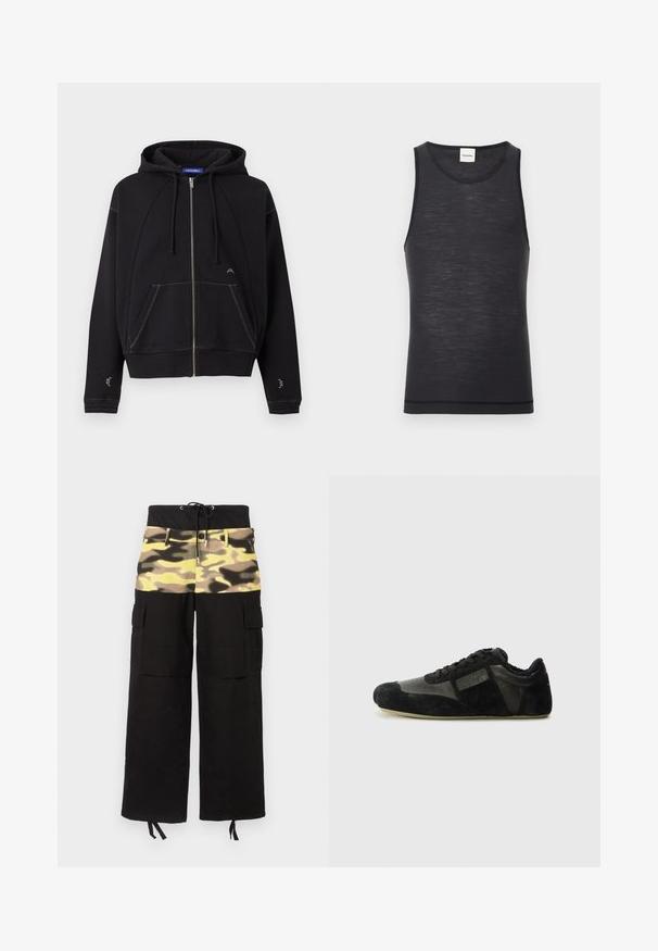 Sort lynlåshoodie med forlommer, snører i kappen, hvide syninger og lille hvidt logo nær lommen og ærmerne.; Sort ærmeløs tanktop lavet af let materiale, med en rund halsudskæring og en subtil tekstur, samt en kontrastdetalje i kanten.; Cargo bukser med et sort stof og en overdel med camouflage-mønster i nuancer af gul, grøn og brun; inkluderer justerbar talje.; Sorte sneakers lavet af ruskind og læder. Har en lav profil, rund snude, snørebåndsdesign og strukturerede detaljer. Sålene har skridsikre mønstre.
