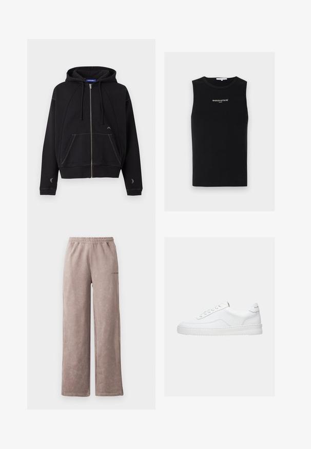 Sweat à capuche noir zippé avec poches avant, capuche à cordon, surpiqûres blanches et petit logo blanc près de la poche et des manches.; Débardeur noir côtelé sans manches avec logo blanc "MAISON KITSUNÉ PARIS" centré sur la poitrine, col rond.; Pantalons de jogging brun clair avec une finition douce et texturée, design à jambes larges, taille élastiquée et subtil logo sur le côté.; Baskets basses blanches avec un design à lacets, dessus en cuir lisse et semelle épaisse, montrées de profil sur un fond uni.
