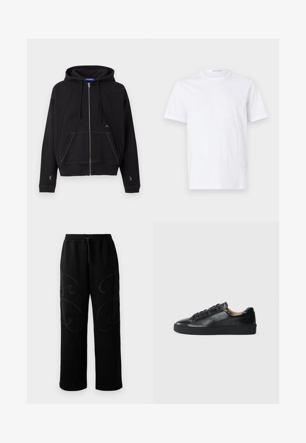 Sort lynlåshoodie med forlommer, snører i kappen, hvide syninger og lille hvidt logo nær lommen og ærmerne.; Hvid bomulds t-shirt med rund halsudskæring og korte ærmer. Glat tekstur, lige snit og minimalistisk design uden mønstre eller accenter.; Sorte joggingbukser med en afslappet pasform, der har intrikate spiralmønstre i syningerne langs siderne samt en elastisk talje med snoretræk.; Sorte lædersneakers med en glat overflade, rund tå og snørebåndslukning. Har en tyk gummisål og minimal branddetalje.
