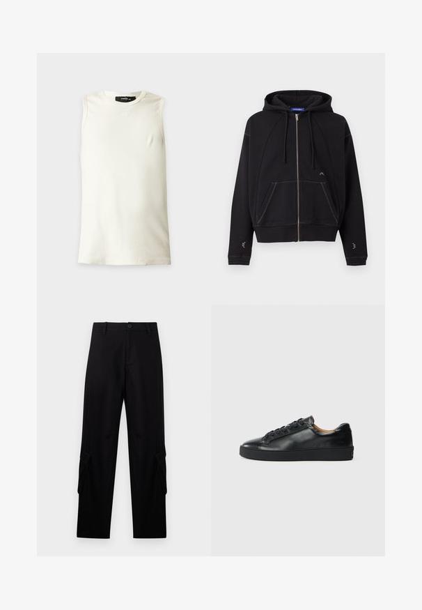 Sweat à capuche noir zippé avec poches avant, capuche à cordon, surpiqûres blanches et petit logo blanc près de la poche et des manches.; Débardeur blanc côtelé sans manches avec col rond et étiquette noire portant l'inscription "FAVELA" sur un fond clair uni.; Pantalon cargo noir droit avec passants de ceinture, bouton frontal, fermeture éclair et poches à rabat sur chaque cuisse.; Baskets en cuir noir avec une texture lisse, bout rond et fermeture à lacets. Comprend une semelle en caoutchouc épaisse et un minimum de détails de marque.