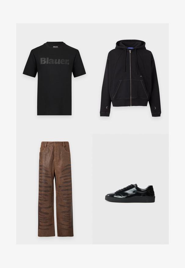 Sweat à capuche noir zippé avec poches avant, capuche à cordon, surpiqûres blanches et petit logo blanc près de la poche et des manches.; T-shirt noir à manches courtes avec l'inscription "Blauer." en grandes lettres gris foncé sur la poitrine et un col rond.; Pantalons en simili cuir marron avec une finition texturée, dotés de découpes horizontales allongées le long des côtés et d'un design à jambes droites.; Baskets en cuir verni noir avec un bout arrondi, un laçage, une semelle en caoutchouc texturé et une finition lisse.