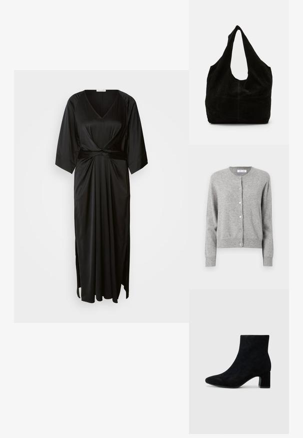 Grå cardigan lavet af blødt strikket materiale, med rund halsudskæring, lange ærmer og knaplukning hele vejen ned foran. Simpelt design.; Sort satin kimono med dyb V-hals, korte brede ærmer, en knyttet taljedetalje og slidser i siden for øget bevægelse. Glat tekstur.; Sorte suede ankelstøvler med spidse tæer og en lav blokhæl, med en glat overflade og minimalistisk design.; Sort ruskind skuldertaske med en afslappet design, en bred, buet strop og et sømløst udseende med minimal syning.
