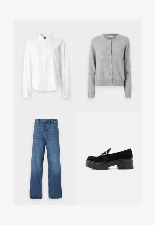 Grå cardigan lavet af blødt strikket materiale, med rund halsudskæring, lange ærmer og knaplukning hele vejen ned foran. Simpelt design.; Hvid langærmet skjorte med krave, knaplukning foran og snerrede manchetter. Fremstillet af blødt, letvægtsmateriale med en glat tekstur.; Blå højttaljede denimjeans med vide ben, der har en glat tekstur, minimale syningsdetaljer og en klassisk fem-lomme-stil.; Sort ruskindslipper med kraftig sål, sølvspænde og præget "HUGO" på sidesnoren, vist fra ydersiden.