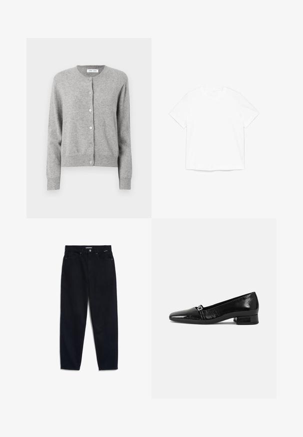 Grijze cardigan van zacht breimateriaal, met een ronde halslijn, lange mouwen en knoopsluiten aan de voorkant. Eenvoudig ontwerp.; Eenvoudig wit T-shirt met korte mouwen en ronde hals, plat gelegd op een witte achtergrond.; Zwarte denim jeans met een rechte pijp, vijf zakken en een knoopsluiting. De stof heeft een gladde textuur en minimale zichtbare stiksels.; Zwarte laarzen van gepatenteerd leer met een puntige neus, een lage vierkante hak en een kleine metalen gespdetail op de band. Gladde textuur.